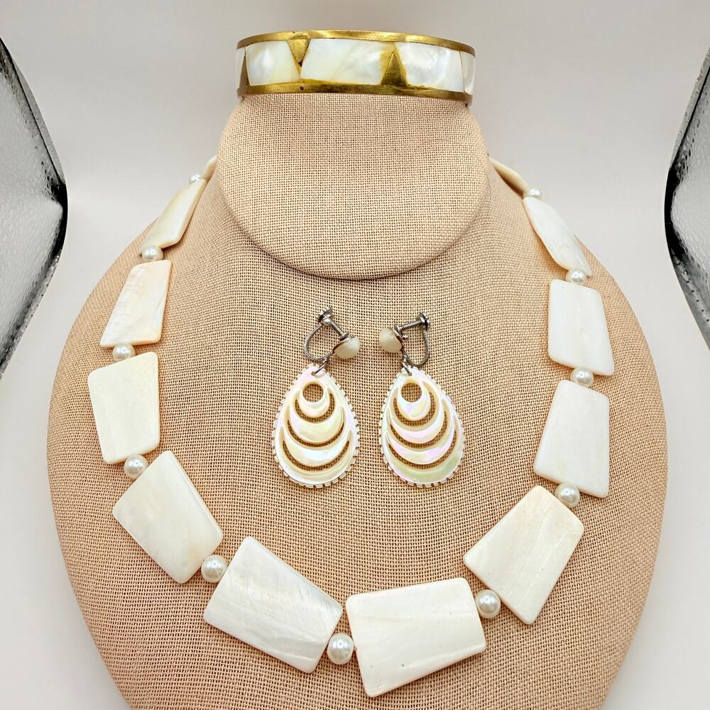 Lot 3 Vintage Mother of Pearl Trapezoid Necklace Teardrop Earrings Inlay Bangle